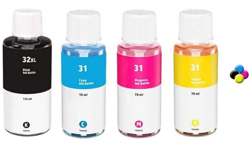 HP 31/32XL Ink Bottles 4-Pack - Dye Black Cyan Magenta Yellow For Smart Tank Printers